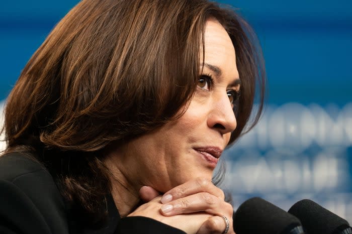 Vice President Kamala Harris makes comments at the White House.